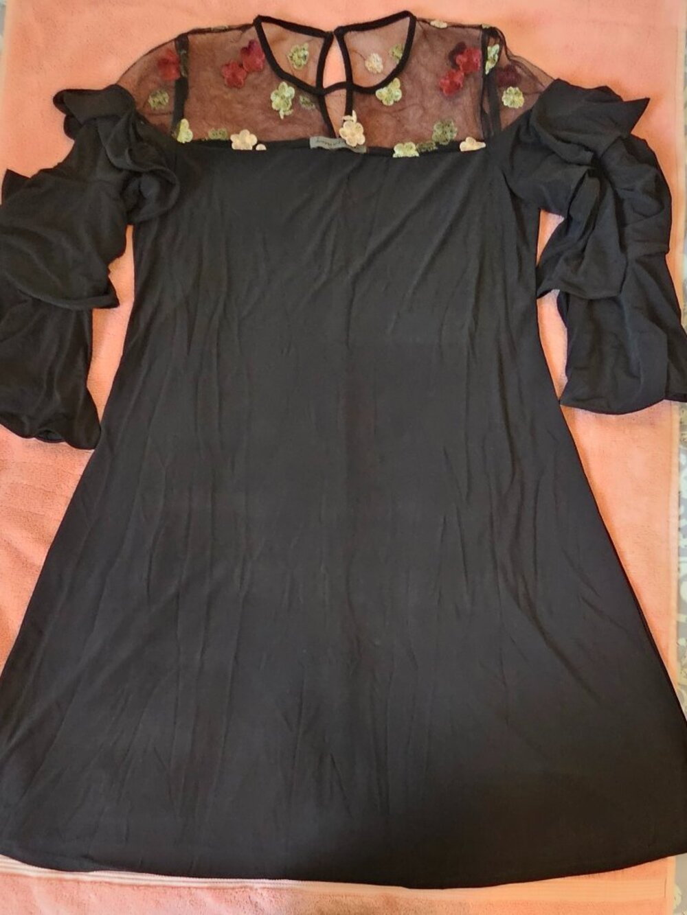 Black Floral Mesh Yoke Shift Dress — Tiered Ruffle Sleeves